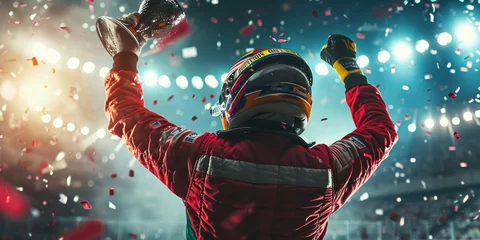 Poster winner race car driver celebrating the win in a race against bright stadium lights and confetti. winner competition © YuDwi Studio