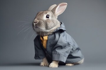 rabbit in a jacket on a gray background. Generative AI