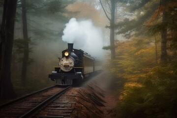 Old-fashioned train navigating through foggy woods. Generative AI