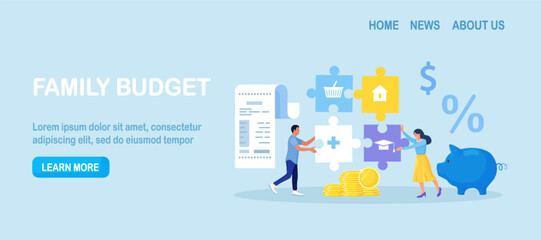 Family budget planning. Young couple forms the family budget, divides the items of expenditure. Saving money, control household finance