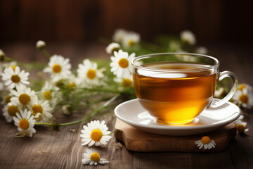 Cup of tea and chamomile flowers on wooden background