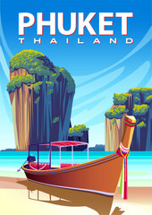 Traditional boat, beach, islands and the sea in the background. Phuket travel poster. Handmade drawing vector illustration. - obrazy, fototapety, plakaty
