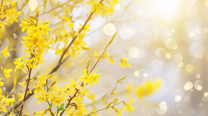 Yellow flowers of Forsythia, also known as the Japanese dogwood.