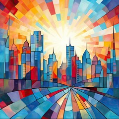 Stained glass window background with colorful City abstract.