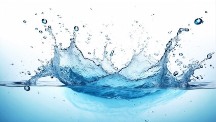 Freshwater splash on white background.  Blue water waves surface with splash, droplets and air bubbles
