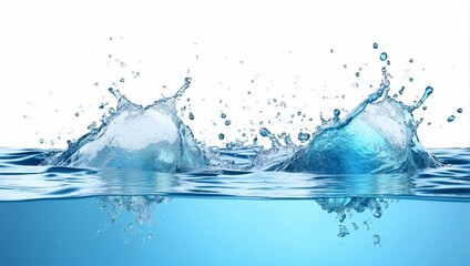 Freshwater splash on white background.  Blue water waves surface with splash, droplets and air bubbles