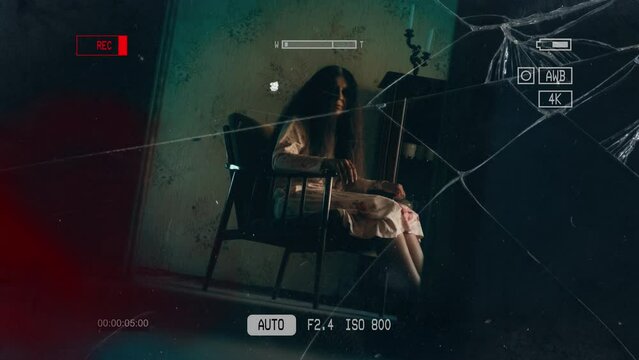 Creepy possessed woman in gown rocking in armchair of mental facility, horror