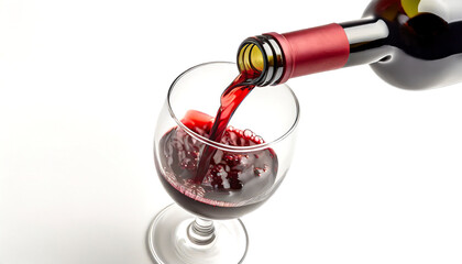Red wine being poured into a glass, isolated on a white background
