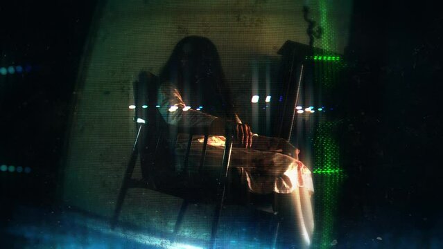 Ghost of black witch sitting armchair and looking back, paranormal haunted house