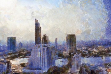 Bangkok city landscape Illustrations in chalk crayon colored pencils impressionist style paintings.