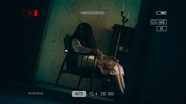 Evil witch sitting in armchair in haunted castle room, ghost, found footage