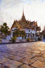 Fototapeta na wymiar Landscape of the Grand Palace Bangkok Thailand Illustrations in chalk crayon colored pencils impressionist style paintings.