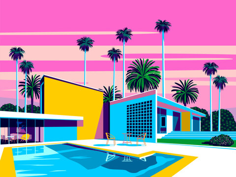 Landscape with swimming pool and mid-century house in the first plan and trees and palms in the background. Handmade drawing vector illustration. Pop Art style.