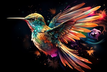 Fototapeta premium Colorful hummingbird with colored feathers on a black background. Vector illustration.