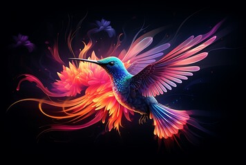 Obraz premium Hummingbird with fire and flowers on black background. Vector illustration.