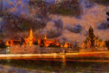 Landscape of the Grand Palace Bangkok Thailand Illustrations in chalk crayon colored pencils impressionist style paintings.