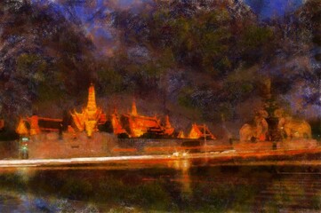 Landscape of the Grand Palace Bangkok Thailand Illustrations in chalk crayon colored pencils impressionist style paintings.