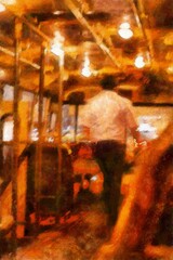 On public buses at night Illustrations in chalk crayon colored pencils impressionist style paintings.