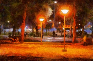 Public roadside park at night Illustrations in chalk crayon colored pencils impressionist style paintings.