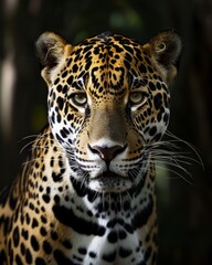 Captivating close-up of a jaguar with piercing gaze, perfect for wildlife projects. High-resolution and detailed.