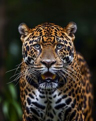 Obraz premium Stunning portrait of a majestic jaguar with vivid markings against a dark green background, perfect for wildlife projects.