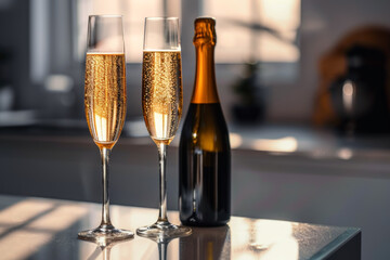 Close up of glasses of champagne and bottle in background of modern kitchen. Drink concept of alcohol and celebrate.