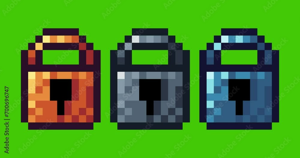 Poster green screen of padlock, padlock icon bits pixel slowly appeared and dissappeared. simple animation 