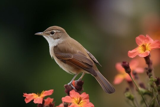 A stunning shot of a nightingale perched on a beautiful flower. Generative AI