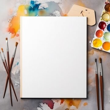 Paper mockup with watercolors and brushes on table against craft paper background
