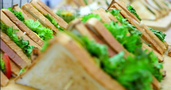 American vegetarian sandwiches on a buffet close up, slow motion. A delicious tasty snack in the office for breakfast.