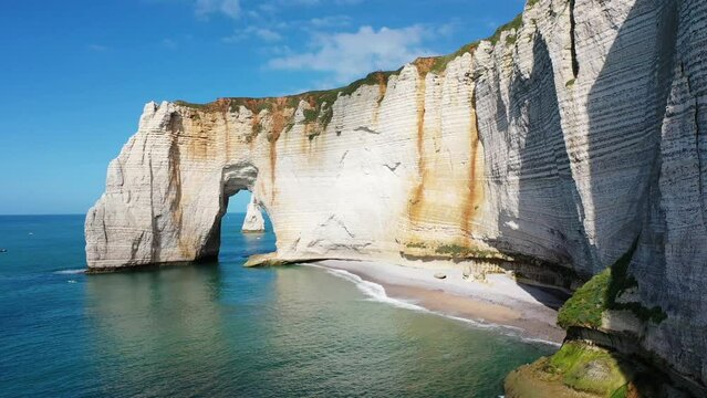 Beautiful landscapes in Etretat, France, 4k drone shots of the cliffs.