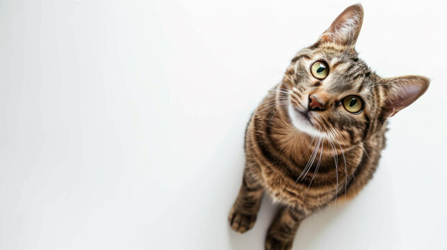 a cat on white background is looking up. Generative AI