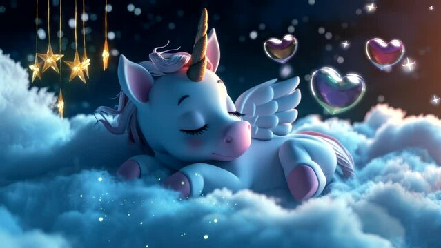 Lullaby For Babies video template looping unicorn or pegasus sleep on cloud, relax and nice dream on night 4k quality, looping video animation background for live wallpaper