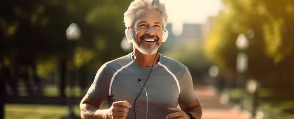  Portrait of happy senior man jogging while listening to music outdoors © PixStudio