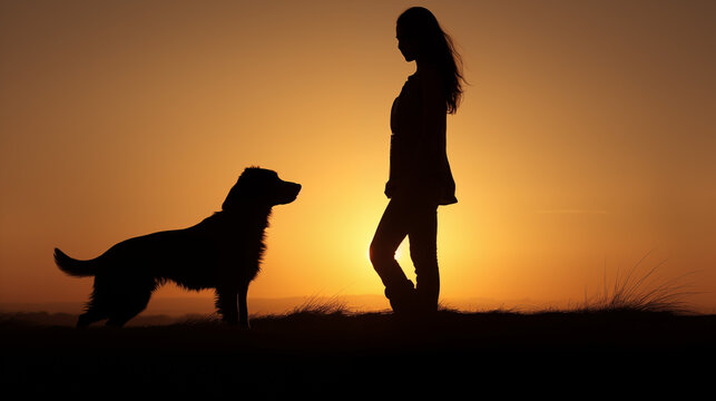 silhouette of a woman with dog at sunset