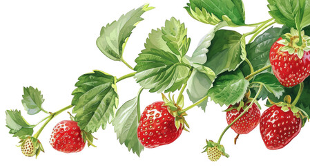 Illustration of fresh strawberries on a branch, transparent background (PNG)