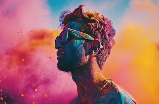 A Colorful Man Celebrating Holi Using Powder