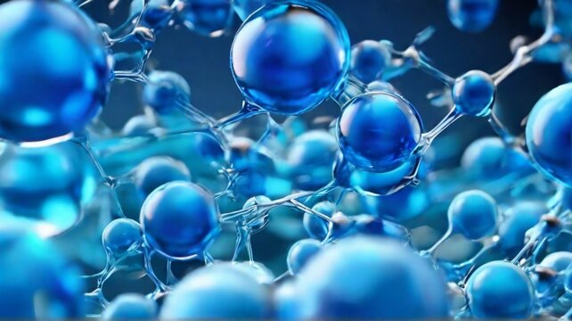atoms structures suspended in a blue liquid serum background, creating a mesmerizing science-themed image perfect for medical and molecular design projects