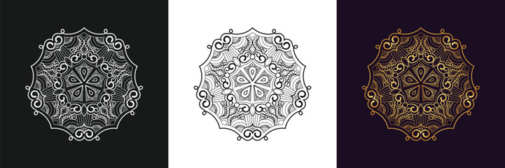 Decorative mandala and pattern for Mehndi, wedding, tattoo, islam, indian, arabic. Outline mandalas coloring book page.
