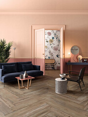 Wooden Fireplace with Flames a-Glow, Rustic Style in white and black Tones, colored marble wall, Cozy Home living room in Winter. 3D Rendering