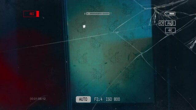 Insane old witch running in haunted castle room, found footage of creepy ghost