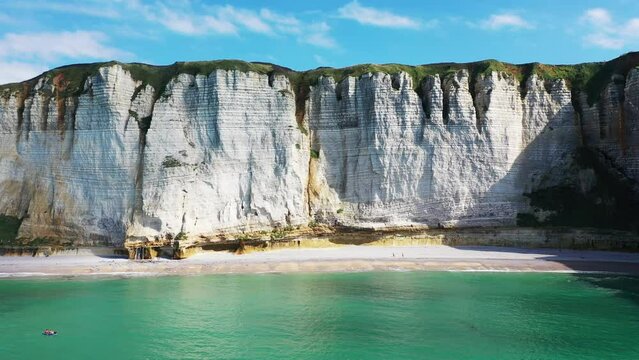 Beautiful landscapes in Etretat, France, 4k drone shots of the cliffs.