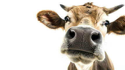 a cow on white background is looking down. Generative AI