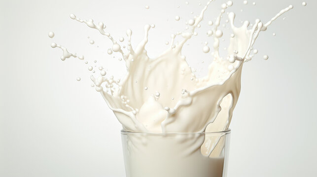 A refreshing scene of a glass of milk with splashes and droplets, set against a clean, white background Ai Generative,