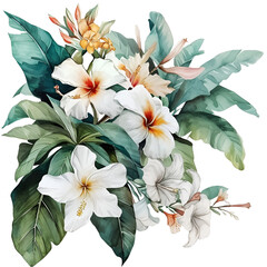 Watercolor flowers, neighborhood of tropical plants and classic white flowers, clipart