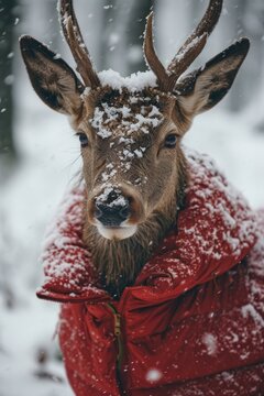 A portrait of a deer, high-fashion red fabric puffer jacket, pink snow on face, rustic face features