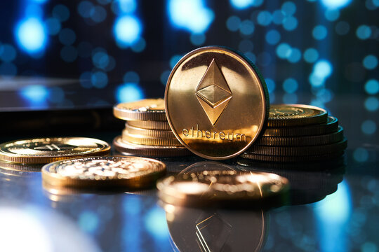 Closeup of golden Ethereum cryptocurrency surrounded by more coins