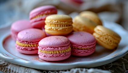 Fototapeta premium Colourful Macarons on Textured Background. Bright macarons on a plate with a textured cloth backdrop.
