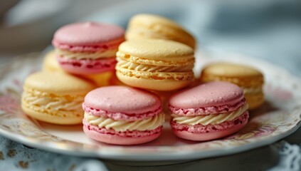 Obraz na płótnie Canvas Assorted Macarons on Porcelain Plate. A selection of pink and yellow macarons neatly arranged on a white plate.