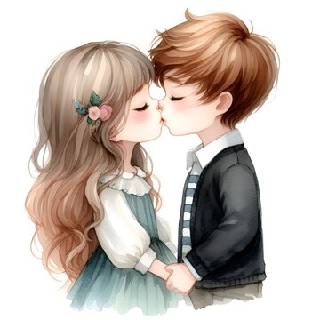 Beautiful couple boy and girl kissing watercolor paint for valentine's day holiday card design
